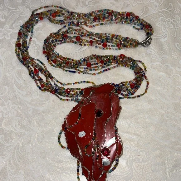 Handcrafted used multicolor Beaded Necklace w/lg. red metal hang dec. 8 strands - Picture 10 of 10